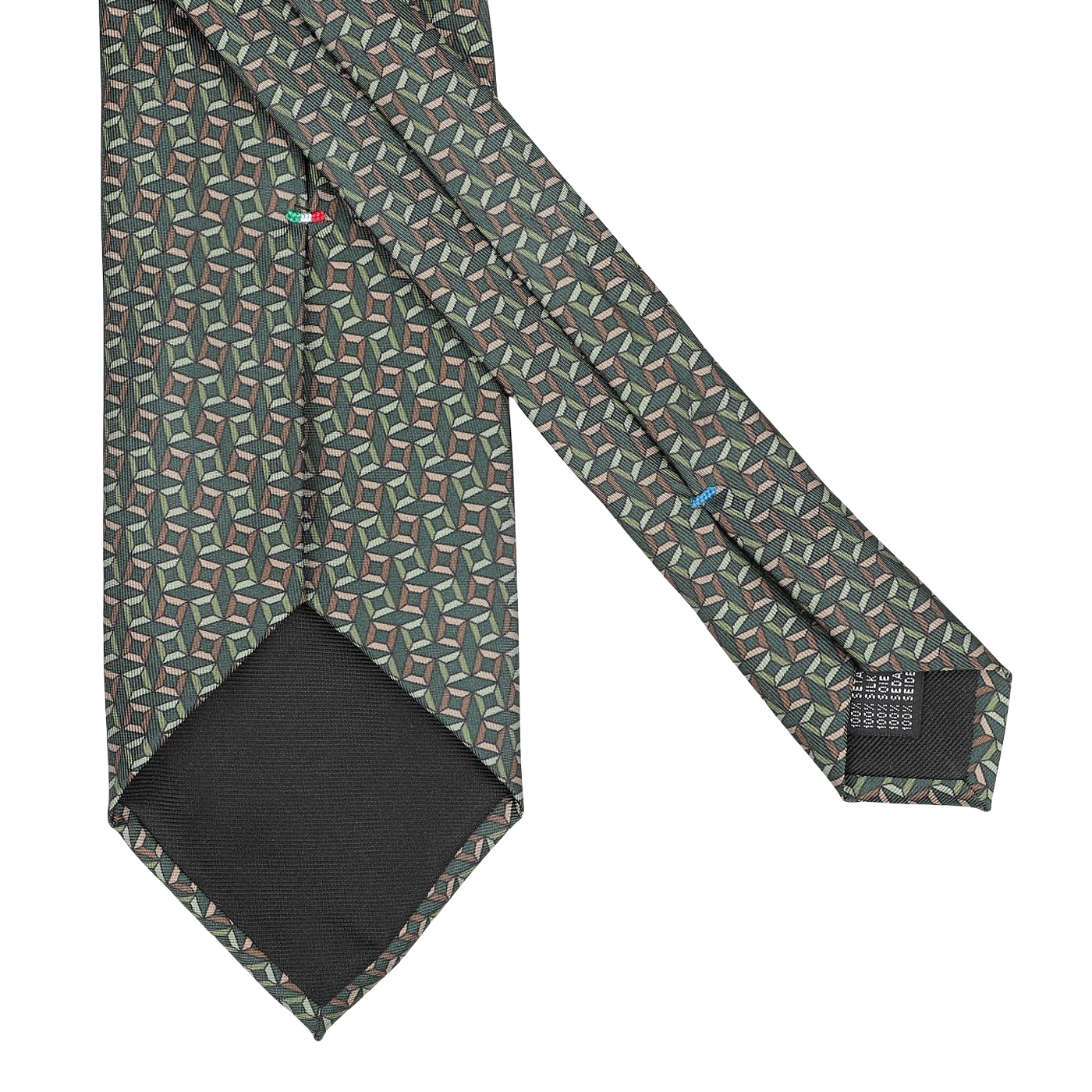 Stefano Cau introduces the Grass Green Square Printed Silk Lined Tie, featuring a geometric pattern in shades of grass green and red set against a gray backdrop, crafted from luxurious Italian Como silk and finished with a black lining at the tip.