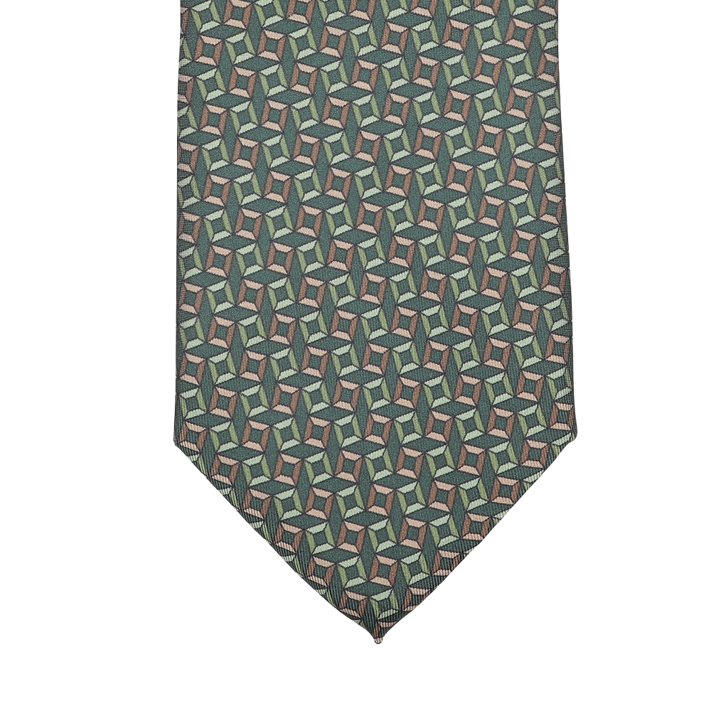 A close-up of a Stefano Cau Grass Green Square Printed Silk Lined Tie, featuring a geometric pattern with interlocking shapes in green, blue, and tan hues.