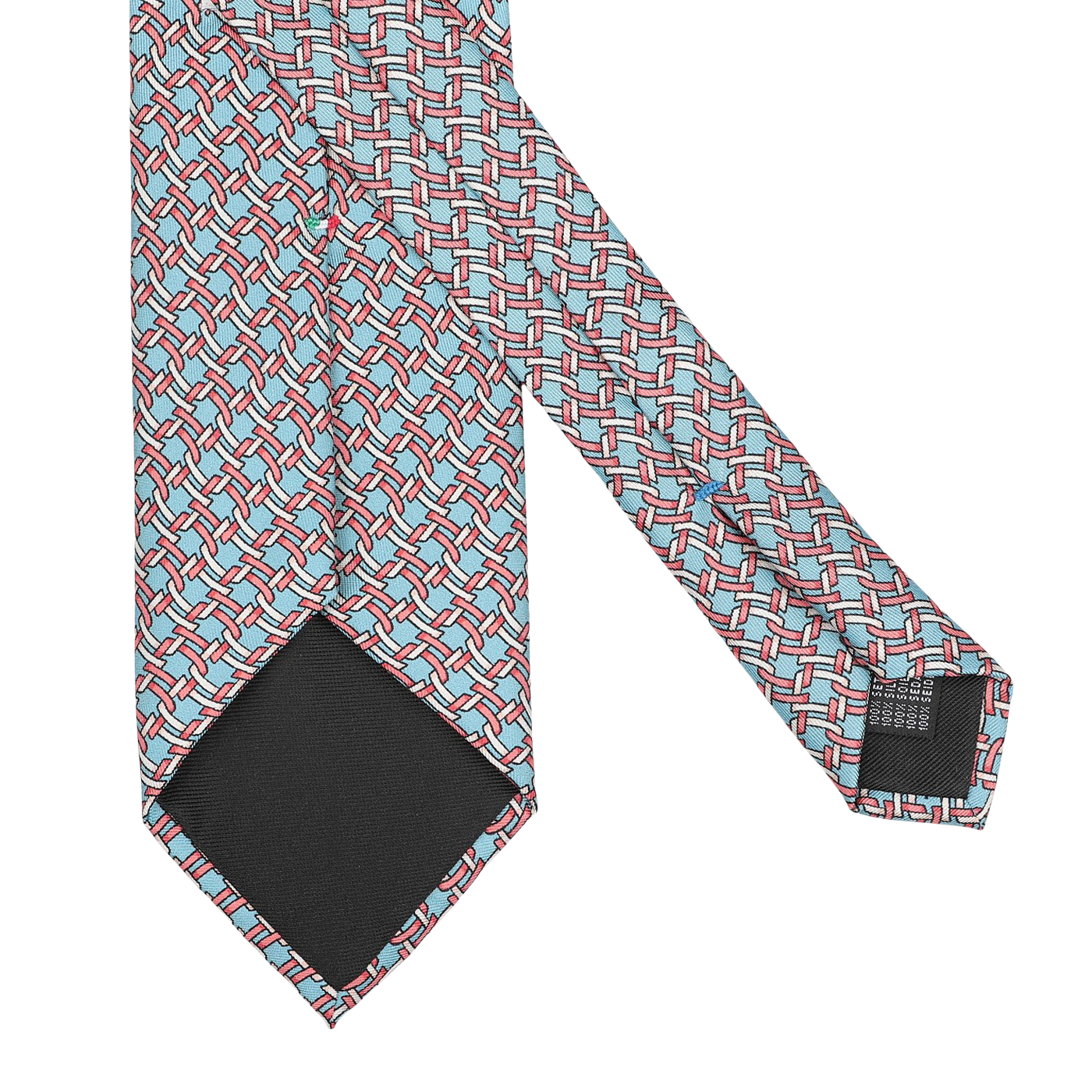 A close-up of the Stefano Cau Sky Blue Chain Printed Silk Lined Tie, featuring a red and white geometric pattern, showcasing the underside with a black label and lining.