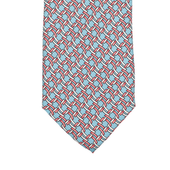 The Sky Blue Chain Printed Silk Lined Tie by Stefano Cau features a geometric design with red lines and blue shapes on a sky blue background, expertly crafted from luxurious Italian silk.