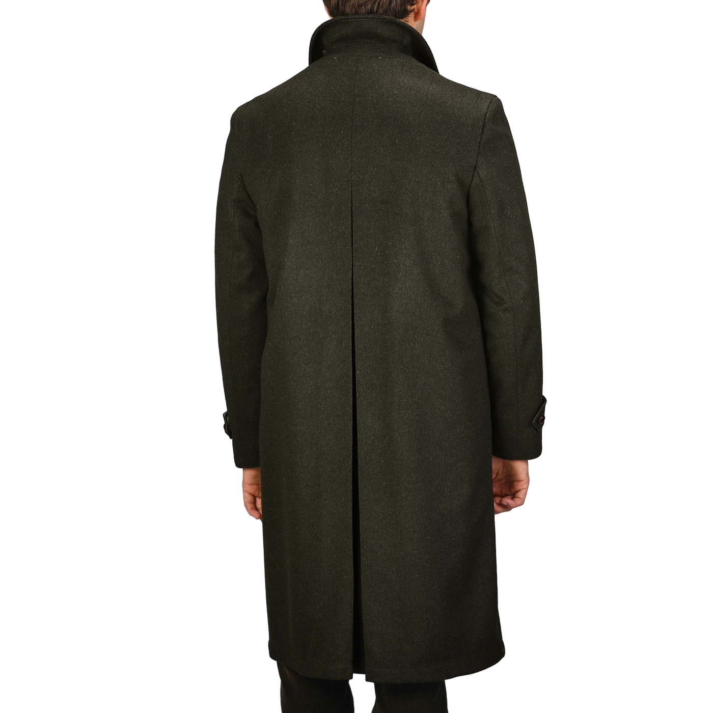 A person wearing a Steinbock Dark Green Wool Alpaca Loden Coat stands with their back turned to the camera.