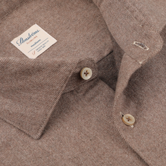 Close-up of the Brown Cotton Flannel Cut-Away Slimline Shirt by Stenströms, showcasing its slim fit design. The visible label beneath the cut-away collar displays the brand name, size, and fabric details.