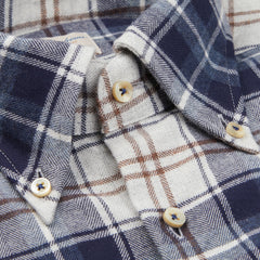 A close up of a slim, Stenströms blue checked cotton flannel shirt.