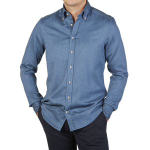 Stenströms Blue Cotton Flannel Slimline BD Shirt Front