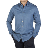 Stenströms Blue Cotton Flannel Slimline BD Shirt Front