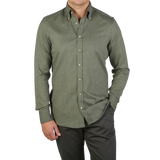 Stenströms Grass Green Cotton Flannel Fitted Body Shirt Front