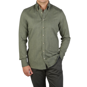 Stenströms Grass Green Cotton Flannel Slimline BD Shirt Front