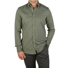 Stenströms Grass Green Cotton Flannel Slimline BD Shirt Front