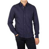 Stenströms Navy Blue Cotton Oxford Slimline Shirt Front