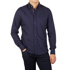 Stenströms Navy Blue Cotton Oxford Slimline Shirt Front