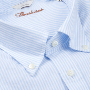 Stenströms White Blue Striped Cotton Oxford Slimline Shirt Collar