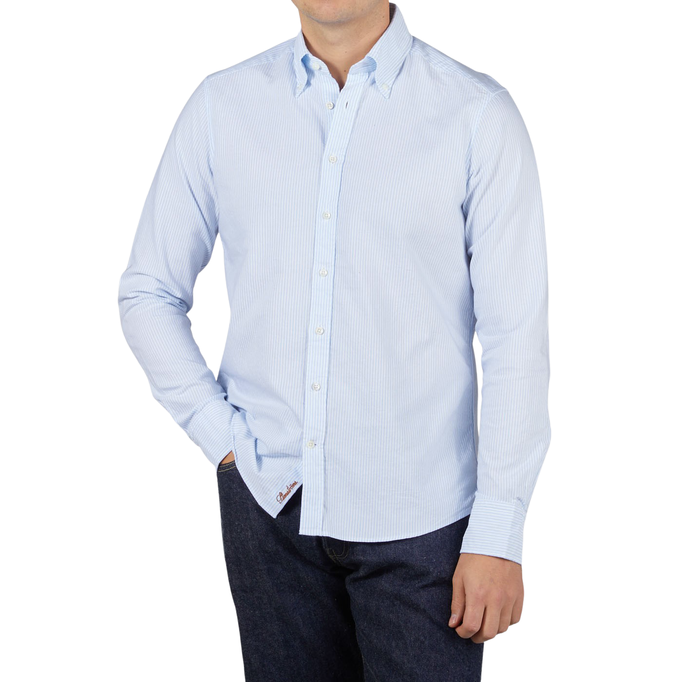 Stenströms White Blue Striped Cotton Oxford Slimline Shirt Front