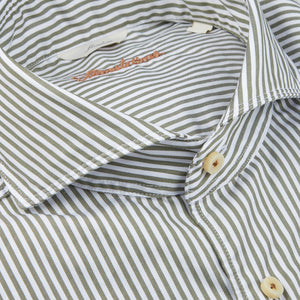 Stenströms White Green Striped Cotton Slimline Shirt Collar