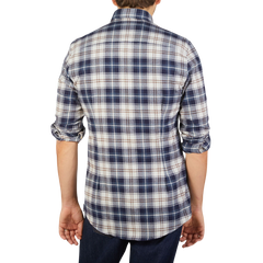 The back view of a man wearing a Stenströms Blue Checked Cotton Flannel Slimline Shirt.