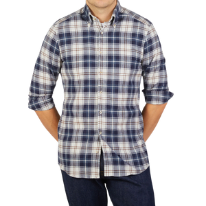 A man wearing a Stenströms Blue Checked Cotton Flannel Fitted Body Shirt.
