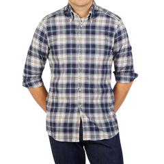 A man wearing a Blue Checked Cotton Flannel Slimline Shirt by Stenströms.