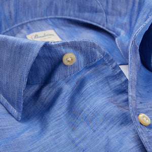 A close-up of a Stenströms Blue Melange Cotton Linen Slimline Shirt with buttons.