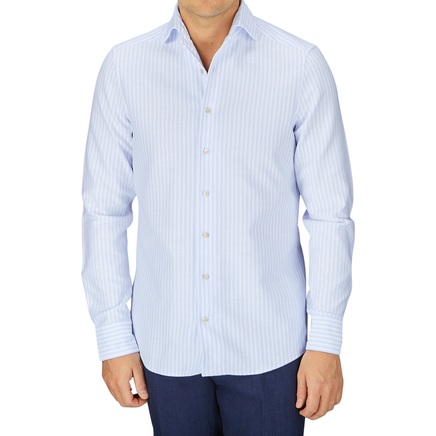 Man in a Stenströms Blue White Striped Cotton Slimline shirt with a cut-away collar and dark trousers.