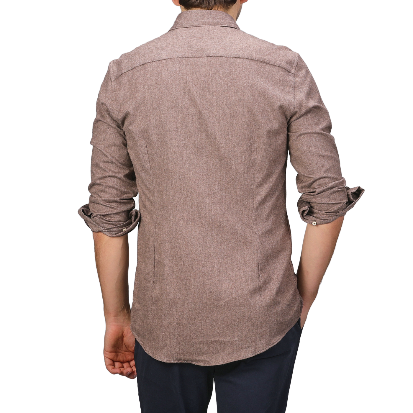 A person wearing the Brown Cotton Flannel Cut-Away Slimline Shirt by Stenströms and dark pants is seen from the back.