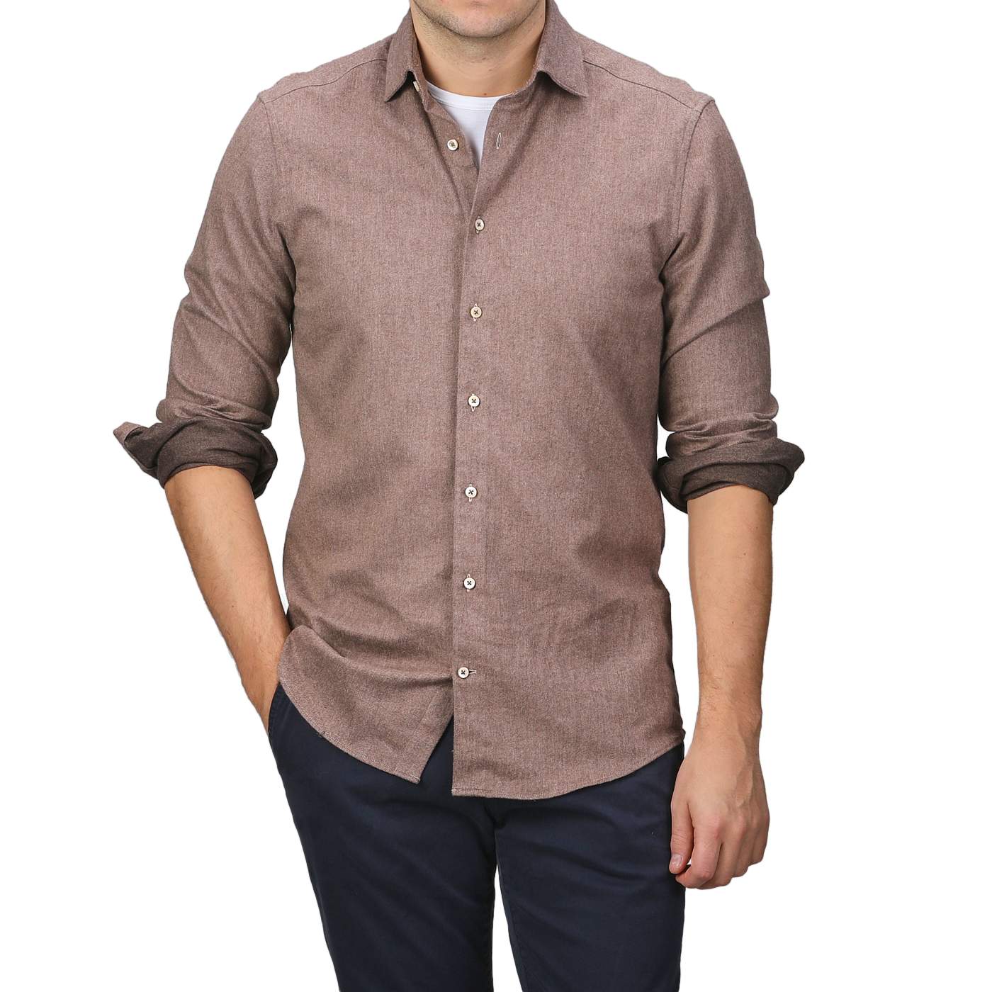 A man in a Stenströms Brown Cotton Flannel Cut-Away Slimline Shirt with rolled-up sleeves and navy pants stands against a neutral background.