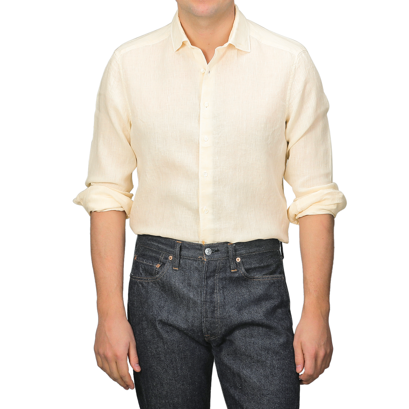 A person wearing a Stenströms Butter Cream Linen Cutaway Slimline Shirt and dark jeans stands against a neutral background.