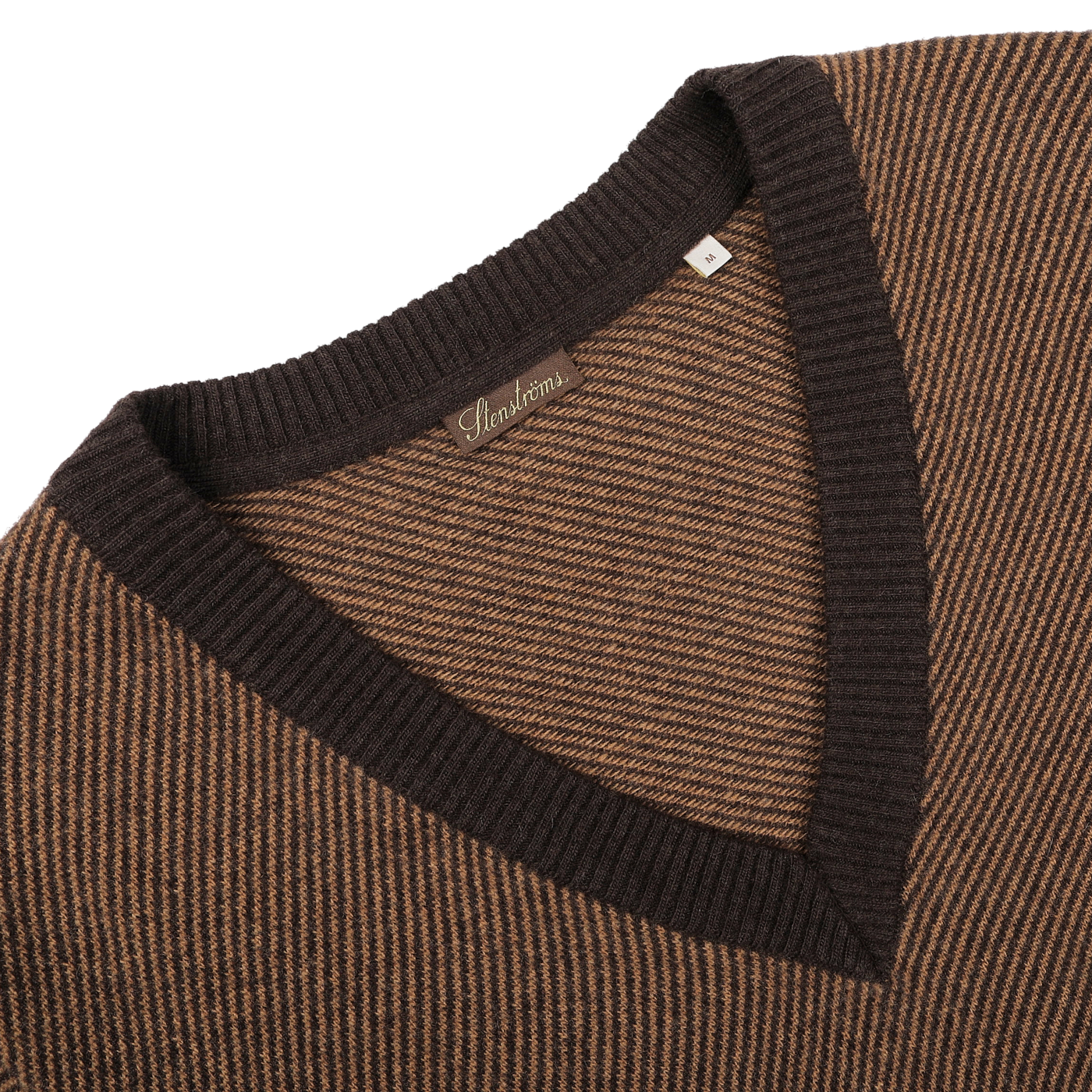 A detailed view of the Stenströms Camel Brown Striped Merino V-Neck Sweater against a pristine white backdrop.