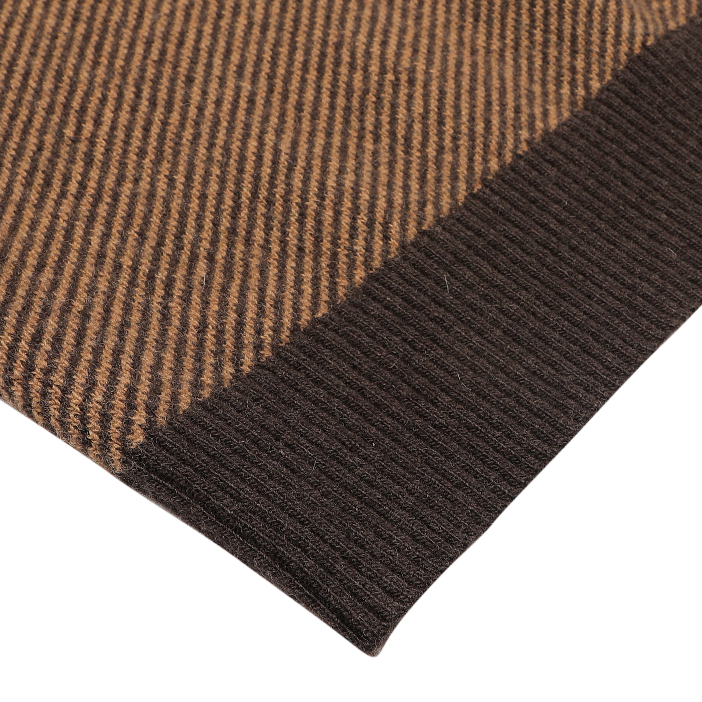 Close-up of the fabric from the Stenströms Camel Brown Striped Merino V-Neck Sweater, featuring camel brown and black ribbed knit with a diagonal striped pattern, reminiscent of cozy luxury.