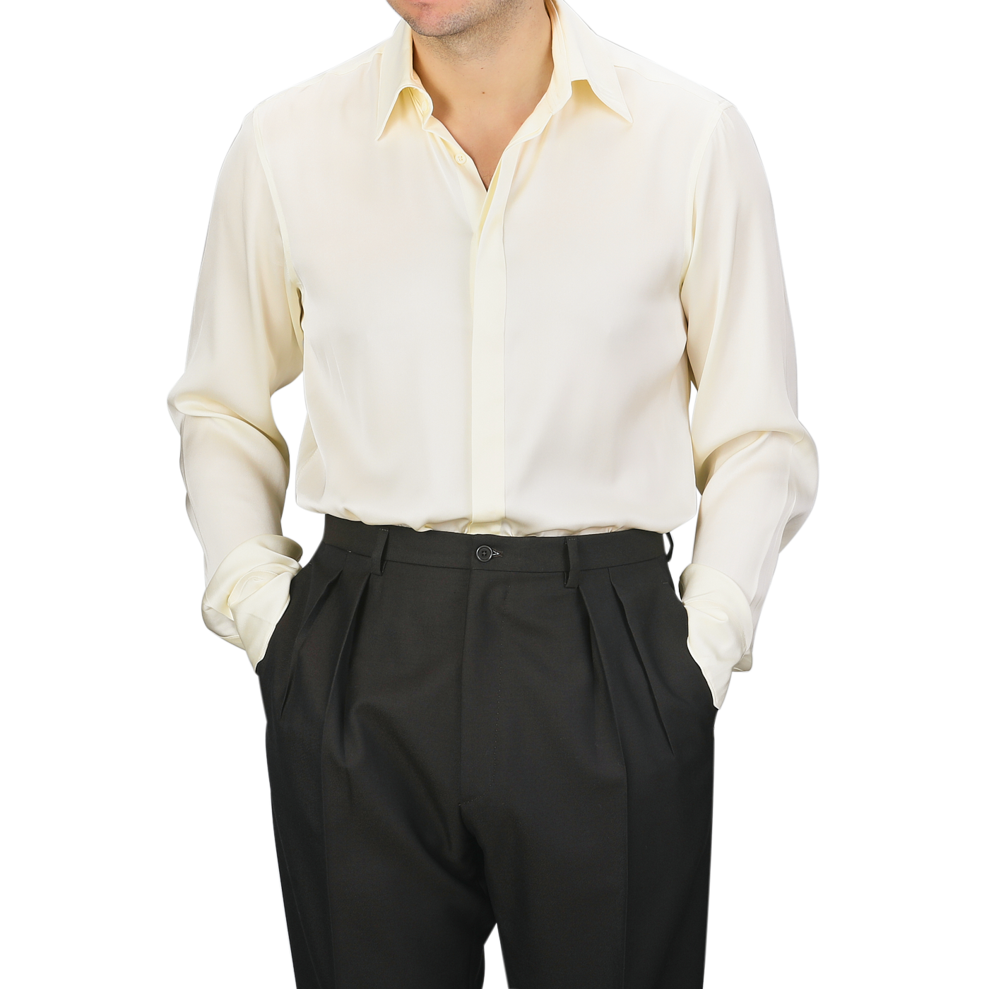 A person wearing a Cream Silk Fitted Body Shirt by Stenströms, paired with black pants, stands with hands in pockets.