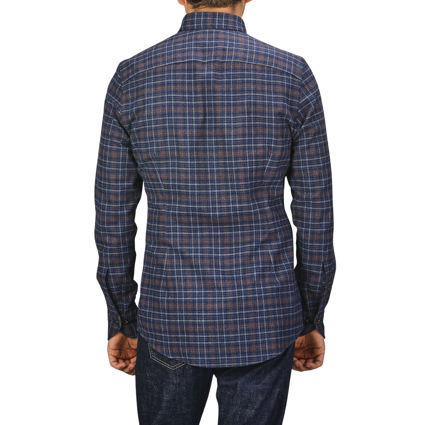 A person wearing a Stenströms Dark Blue Checked Flannel Fitted Body BD Shirt, viewed from the back.