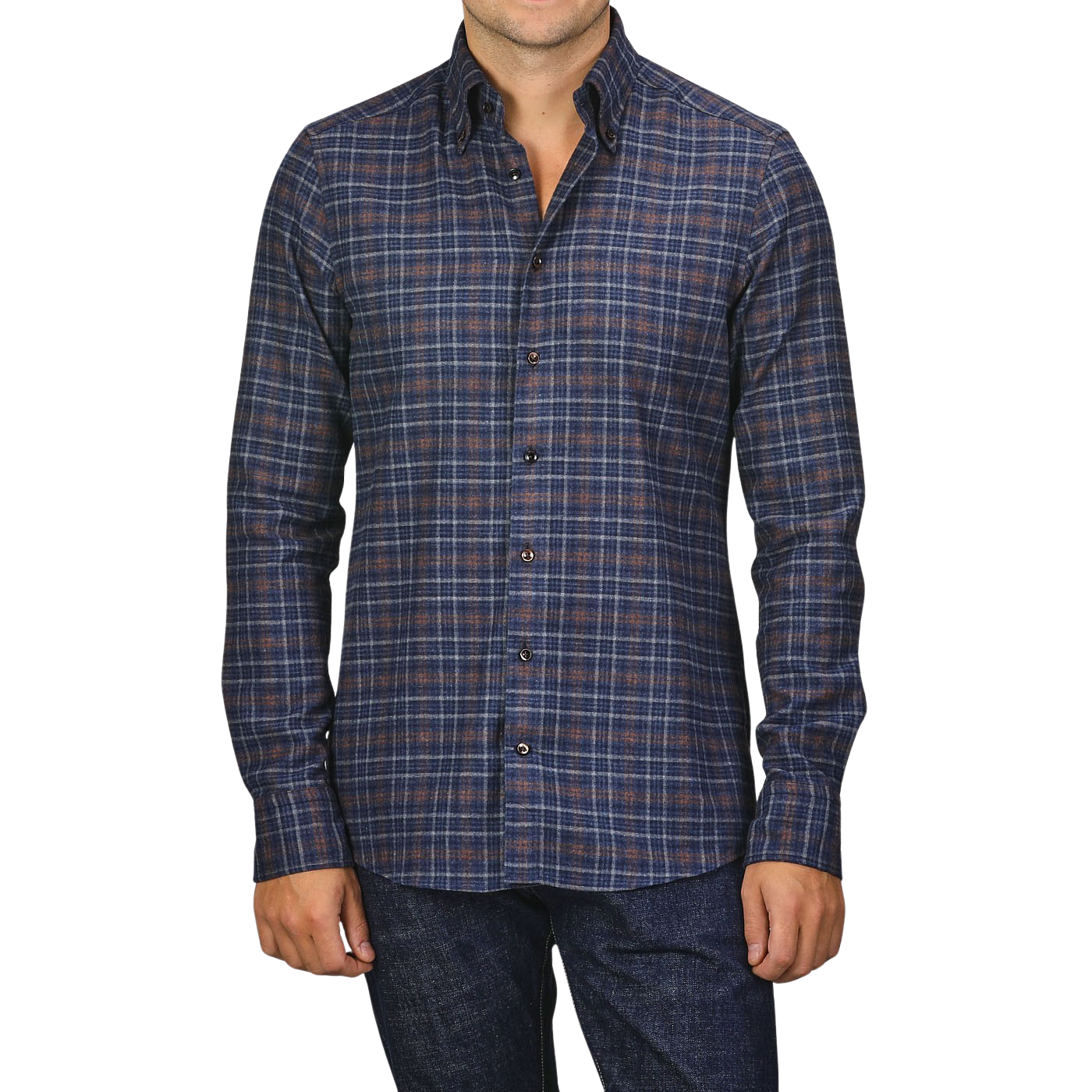 A person is wearing a Dark Blue Checked Flannel Fitted Body BD Shirt from Stenströms. It is tucked into dark jeans. The head is cropped out of the image.