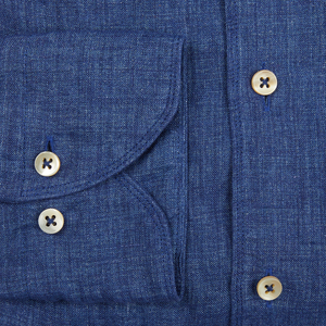 A close up of a Dark Blue Linen Fitted Body Shirt by Stenströms, perfect for summer.