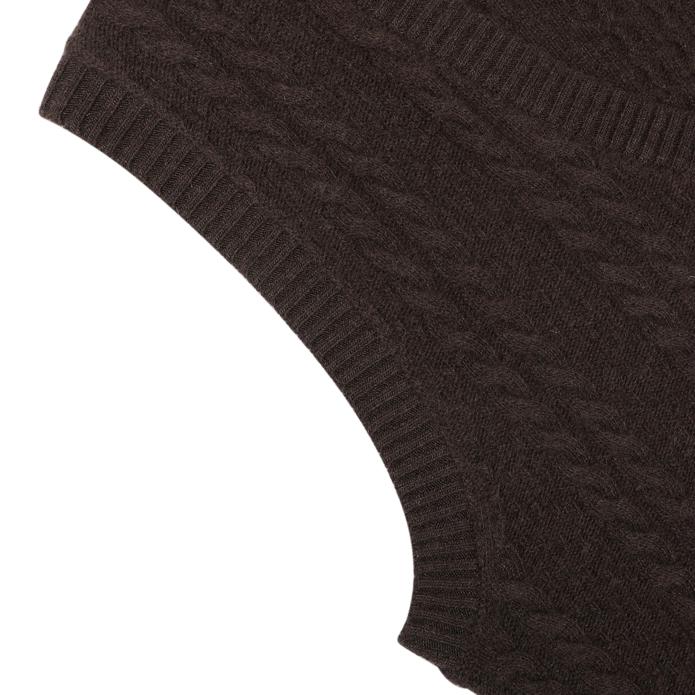 Close-up of the Dark Brown Cable Knit Merino Slipover by Stenströms, showcasing its luxurious merino wool texture and ribbed edges.