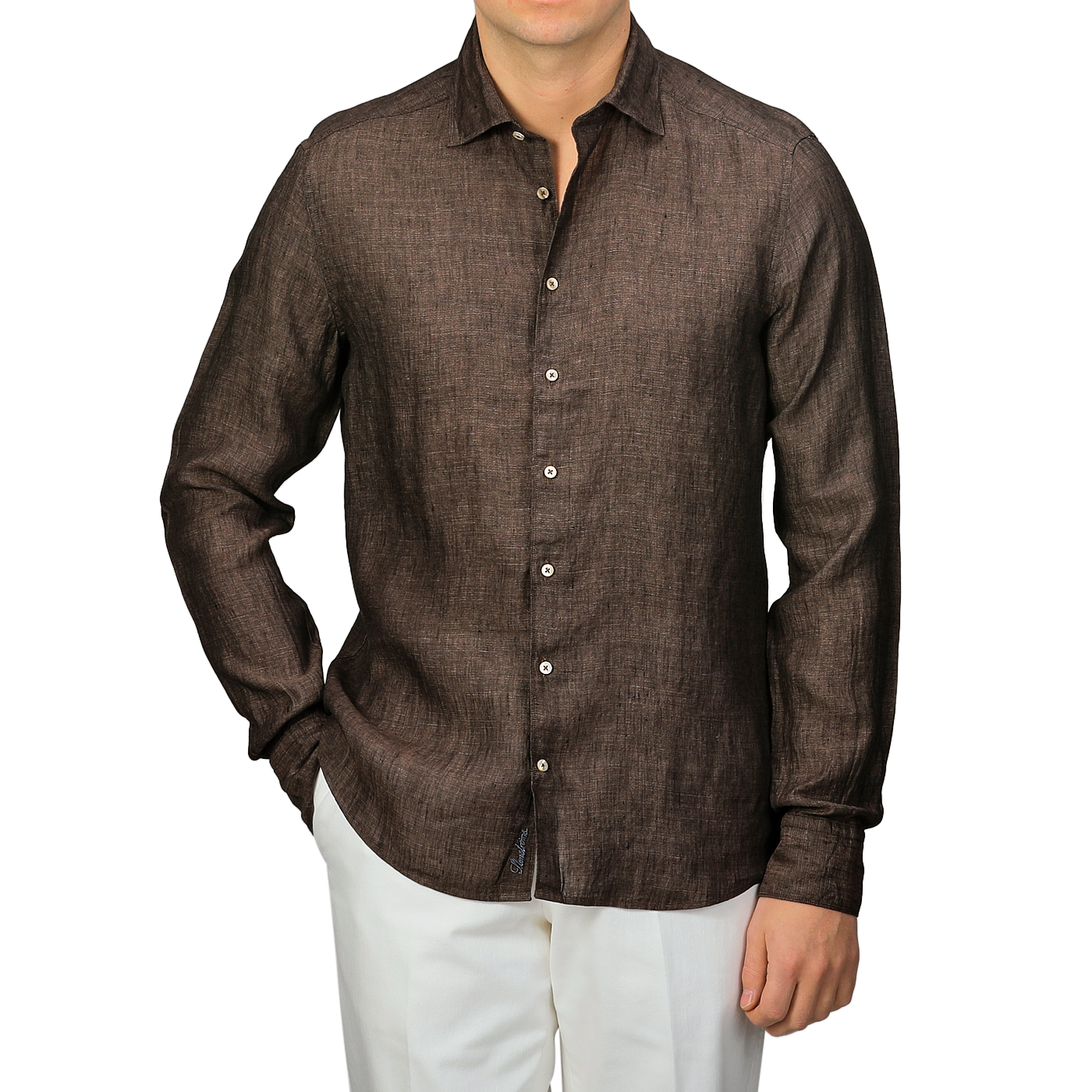 Someone is wearing a Stenströms Dark Brown Linen Cutaway Fitted Body Shirt with white buttons, paired with crisp white pants.