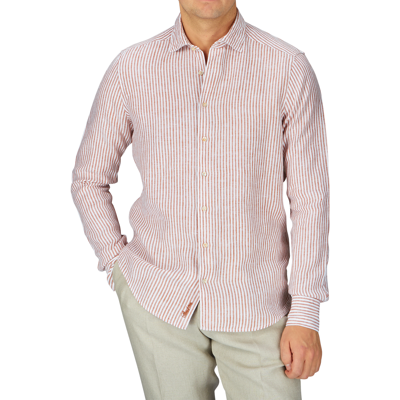 A man in a Stenströms Dark Orange Striped Linen Slimline Shirt.