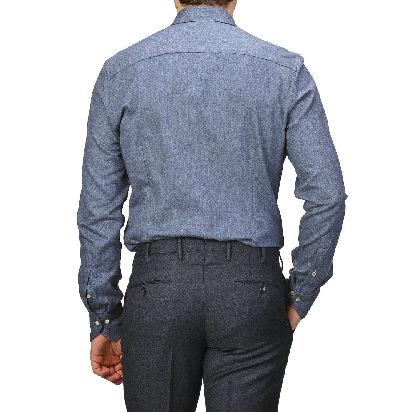 A person is shown from the back wearing a Stenströms Denim Blue Cotton Flannel Cut-Away Slimline Shirt and dark gray trousers.