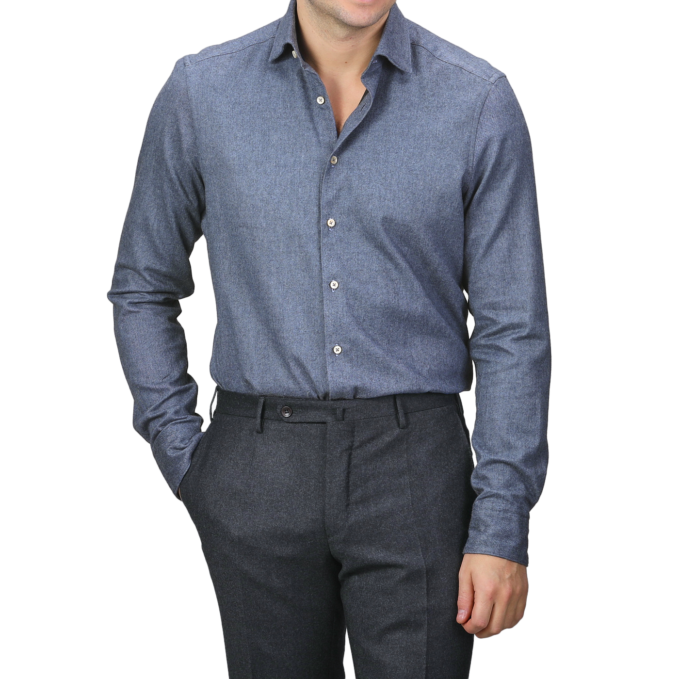 A person wearing the Stenströms Denim Blue Cotton Flannel Cut-Away Slimline Shirt and dark trousers stands against a neutral background.