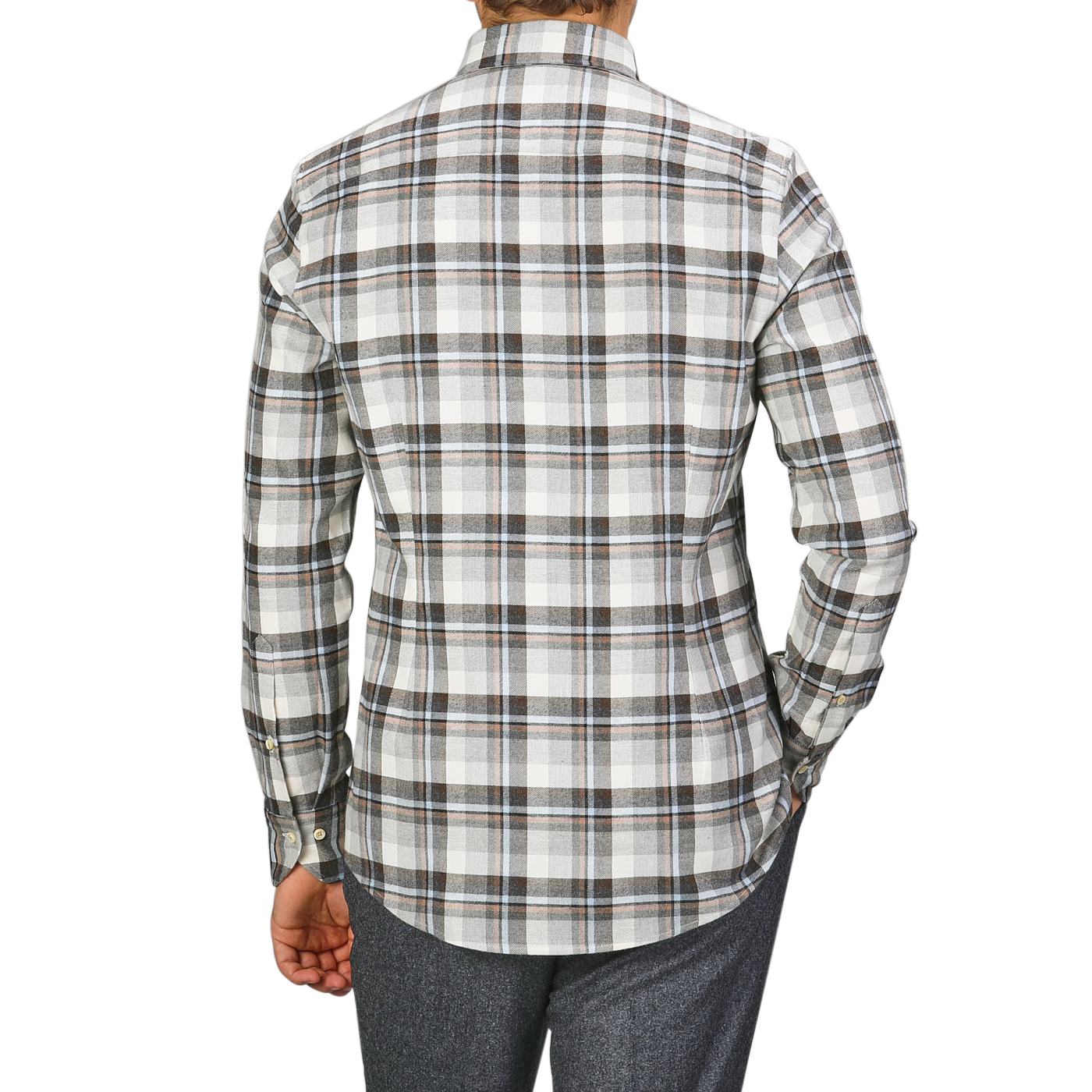 A person models the Stenströms Grey Checked Cotton Flannel Slimline BD Shirt from behind, stylishly paired with dark gray pants.