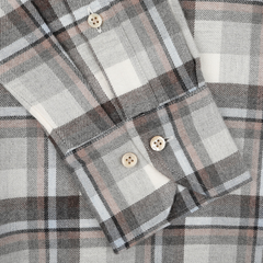 Close-up of the Stenströms Grey Checked Cotton Flannel Slimline BD Shirt, crafted from soft, brushed cotton twill with buttoned cuffs.