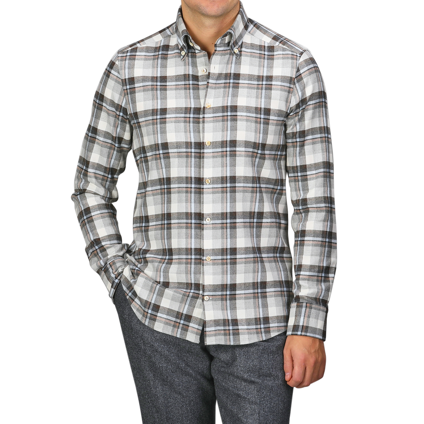 A person wearing the Grey Checked Cotton Flannel Slimline BD Shirt by Stenströms, paired with gray pants, stands with one hand in their pocket against a plain background, with the brushed cotton twill enhancing the shirt’s Slimline cut.