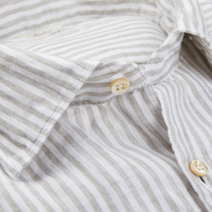 A close up of a Stenströms Light Grey Striped Linen Slimline Shirt.