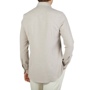 The back view of a man wearing a Light Beige Brushed Cotton Slimline Stenströms shirt.