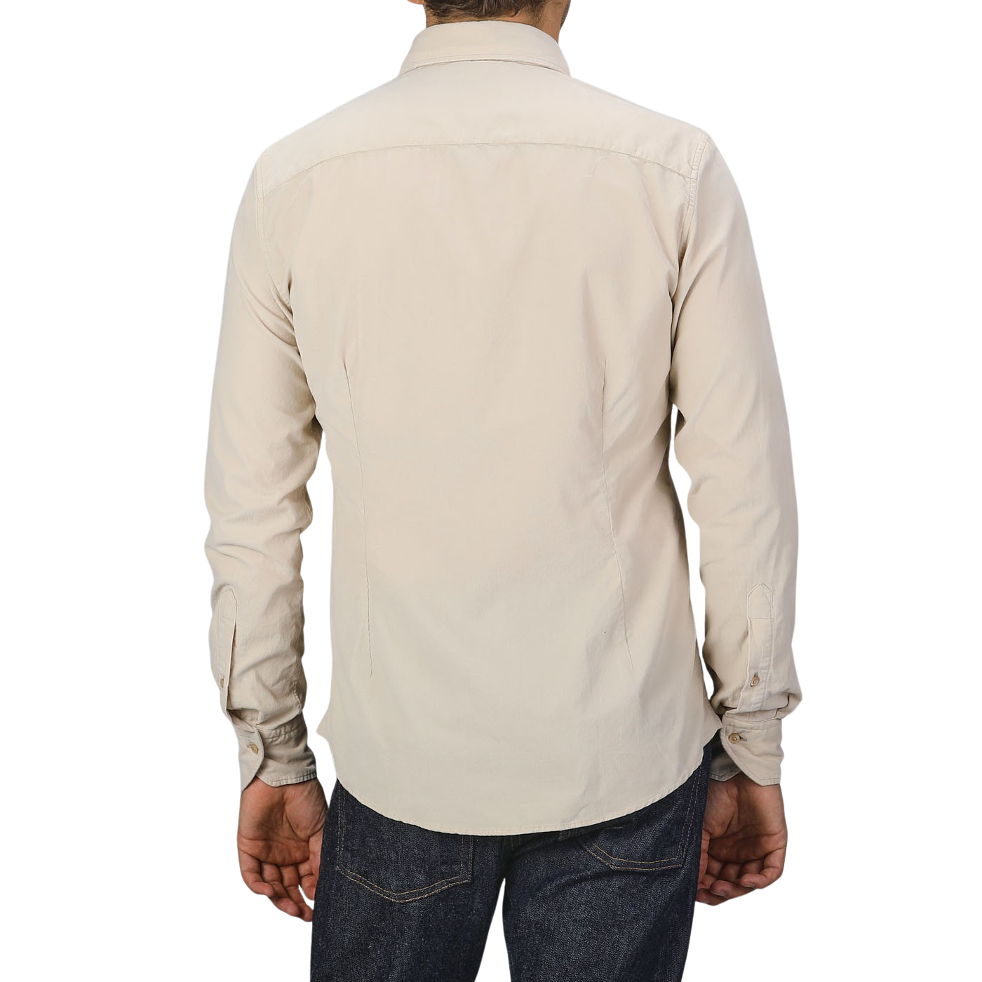 A person wearing a Stenströms Light Beige Cotton Corduroy Slimline Shirt and dark jeans, seen from the back.