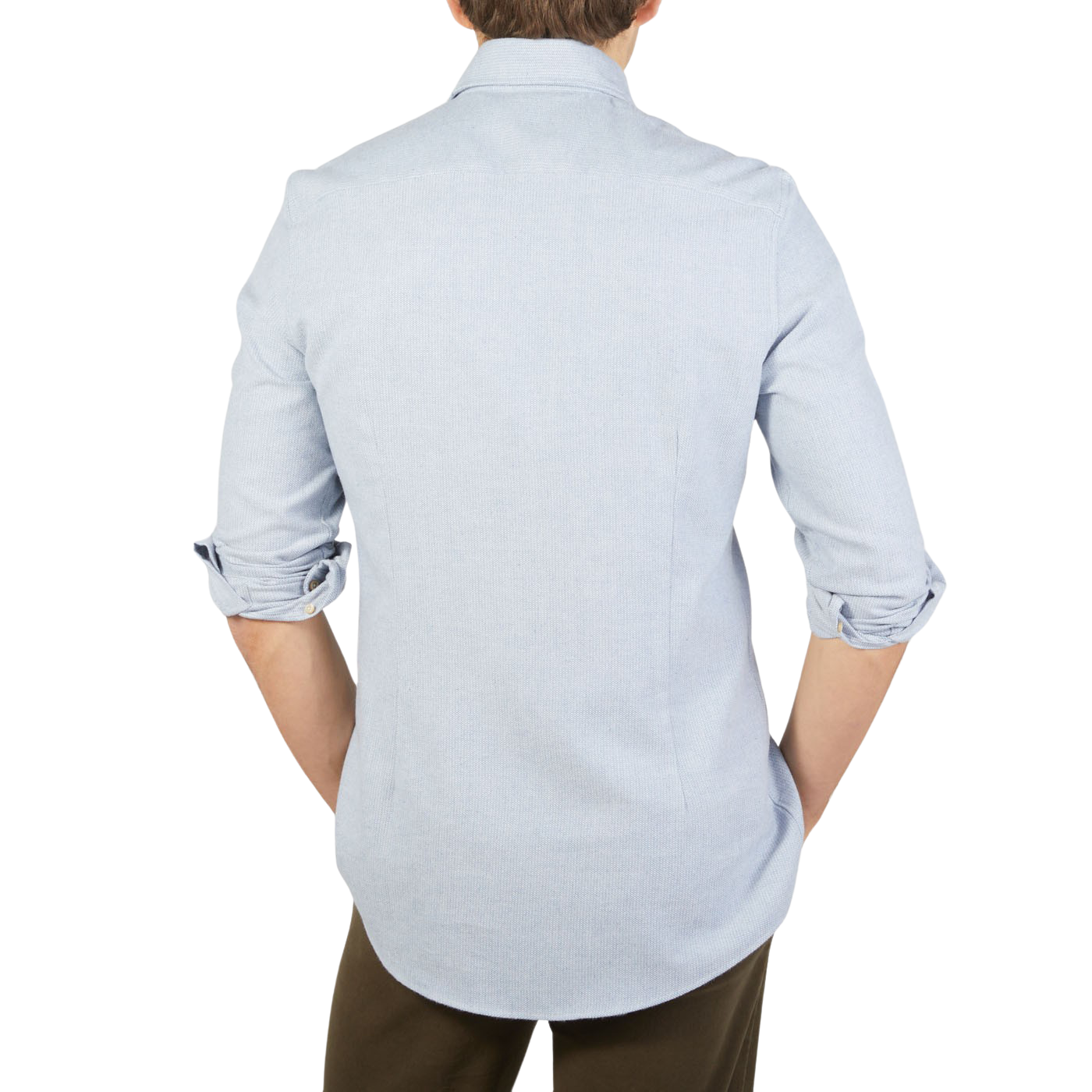 The back view of a man wearing a blue Stenströms Light Blue Brushed Cotton Fitted Body Shirt.
