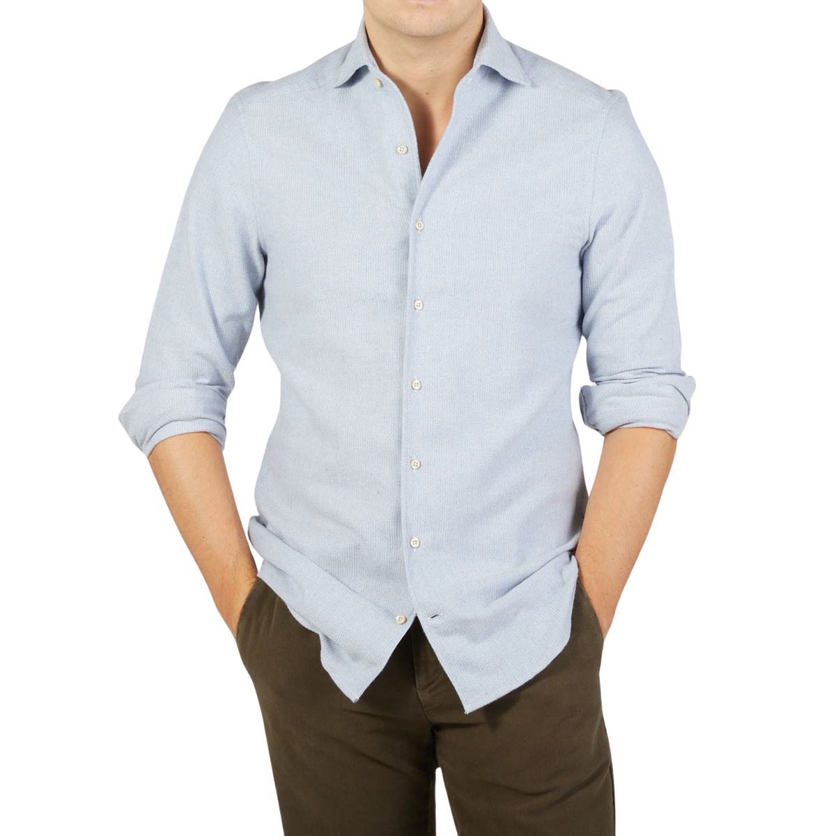 A man wearing a Stenströms Light Blue Brushed Cotton Fitted Body Shirt in a casual style.