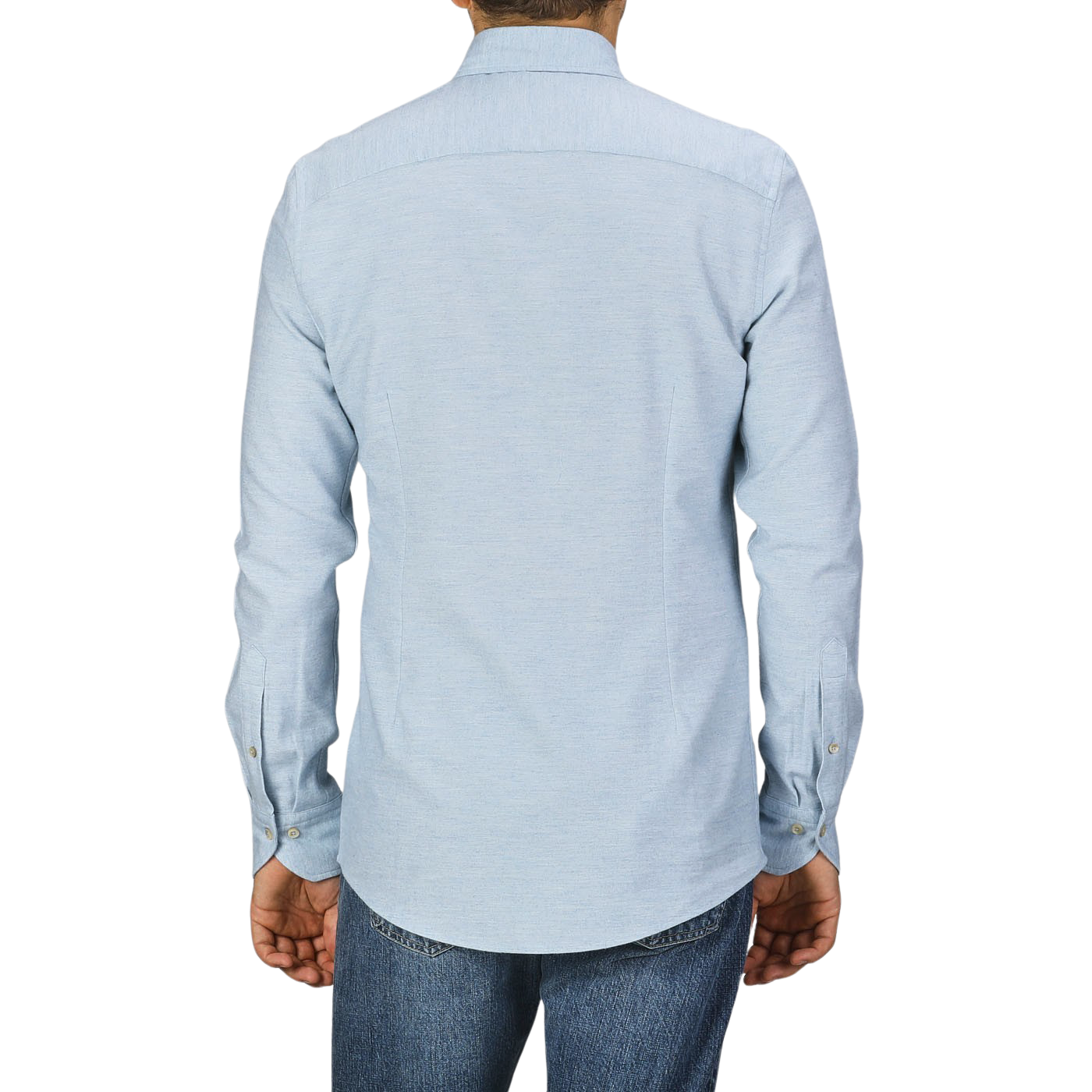 Man wearing a Light Blue Cotton Flannel Fitted Body BD Shirt from Stenströms and blue jeans, viewed from the back against a plain background.