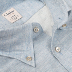 Close-up of the Light Blue Cotton Flannel Fitted Body BD Shirt by Stenströms, featuring white buttons, a pointed collar, and a visible brand label on the inside. The brushed cotton twill gives it an incredibly soft feel.