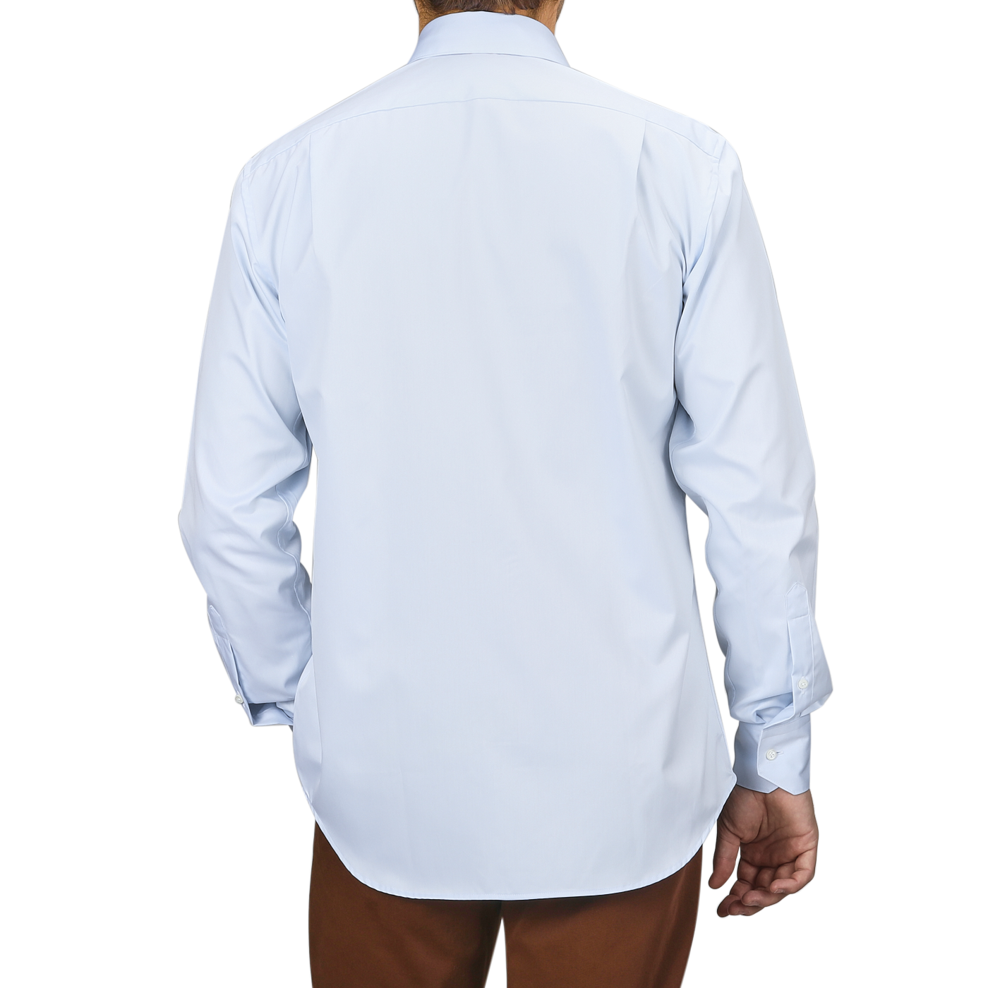 Someone wearing a Light Blue Cotton Twill Fitted Body Shirt by Stenströms, paired with brown pants, is viewed from the back.