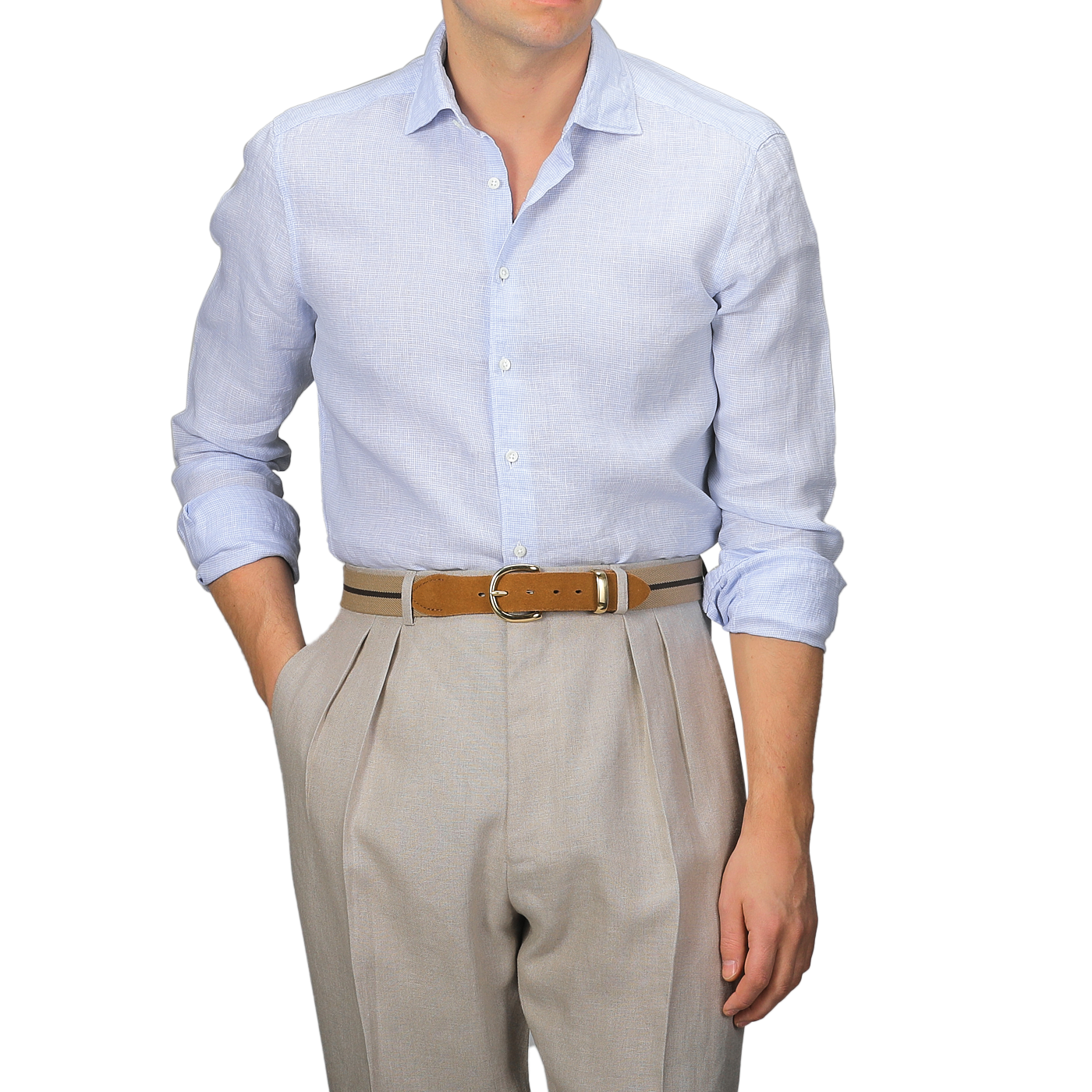 A man wears a Stenströms Light Blue Micro-Checked Linen Slimline Shirt paired with beige pleated trousers and a brown belt against a plain background. This summer essential offers a modern fit.