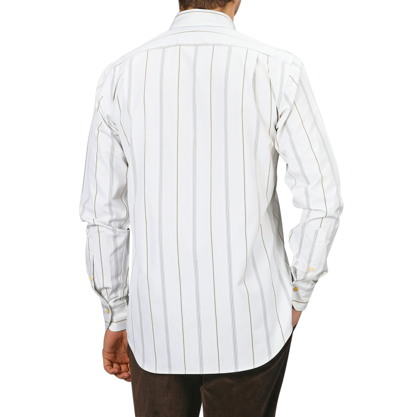 The individual is dressed in a Light Blue Striped Cotton Fitted Body Shirt from Stenströms, viewed from the back and paired with brown pants.