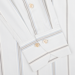 Close-up of the Stenströms Light Blue Striped Cotton Fitted Body Shirt, featuring buttoned cuffs and beige buttons, crafted in smooth cotton twill.